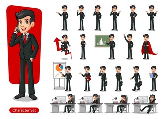 Set of businessman cartoon character design with different poses, isolated against white background.