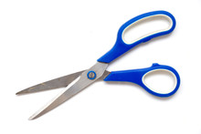 Metallic Scissors With Blue Holder On White Background