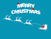 Merry Christmas Text. Santa Cross And Reindeer On Blue Background. Concept Paper Art Vector Illustration.