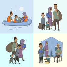The Refugee Family With Children. Sailing To Europe On The Boat. Land Transition And Life In The Refugee Camp. European Migrant Crisis Concept. Vector Illustration, Isolated.