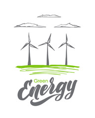 vector illustration: hand drawn wind mill with handwritten lettering of green energy. sketch line de