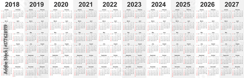 Calendar Template Set For 2018, 2019, 2020, 2021, 2022, 2023, 2024