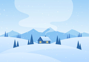 Vector illustration: Winter cartoon mountains landscape with house and smoke from chimney.