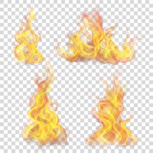 Set Of Fire Flame On Transparent Background. For Used On Light Backgrounds. Transparency Only In Vector Format