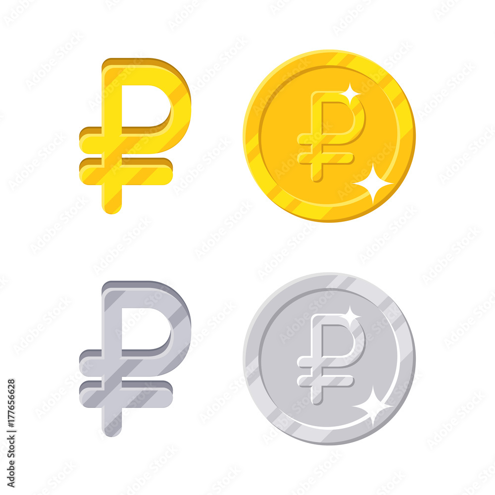 Russian ruble sign. Gold and silver symbol of the Russia currency and  coins. Vector in cartoon style isolated on white background. Business and  financial series. Russian money icon 素材庫向量圖|