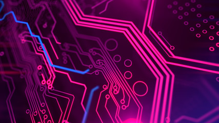 Purple, violet, blue neon background with digital integrated network technology. Printed circuit board. 3D illustration. Circuit board futuristic server code processing. PCB, Code, HTML.
