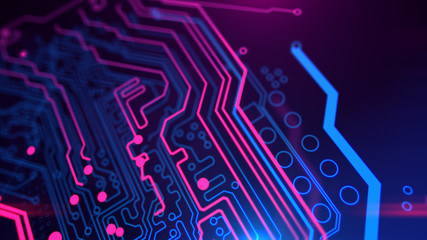 purple, violet, blue neon background with digital integrated network technology. printed circuit boa