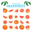© A_Y_N - Vector large set of ripe tropical grapefruit fruits. Red oranges peeled, piece of half slice leaf. Collection of delicious citrus pomelo designer elements for packaging of juice breakfast health food.