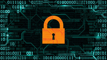 Lock on the background abstract futuristic electronic circuit board with binary code, computer digital technology, frame, well organized layers