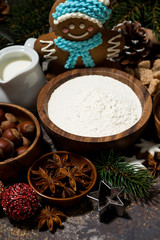 Wall Mural - ingredients for Christmas baking, top view vertical