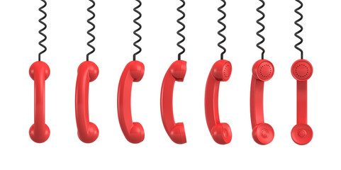 Wall Mural - 3d rendering of several red retro phone receivers hanging from their black cords on a white backgrou