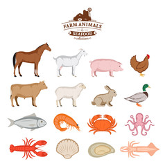 Wall Mural - Vector farm animals and seafood collection