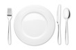 Empty plate, Spoon, fork, knife, clipping path, white background, isolated, top view from first perso