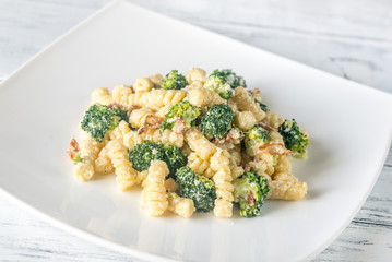 Canvas Print - Pasta with broccoli, bacon and alfredo sauce