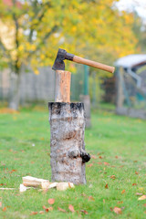 Old vintage axe is stuck in a piece of log wood used for chopping other wood.