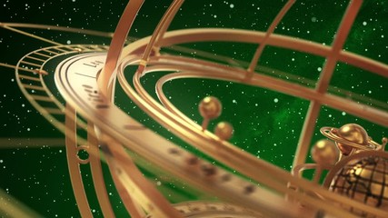 Wall Mural - armillary sphere on green background of starburst. 3d animation. seamless looped.