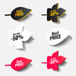 Paper autumn leaves. Tags, icons, labels, stickers of red, white and black with text about discounts and prices are cut from paper with a shadow. Can be used in layout design, mock-up