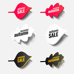 Poster - Paper autumn leaves. Tags, icons, labels, stickers of red, white and black with text about discounts and prices are cut from paper with a shadow. Can be used in layout design, mock-up