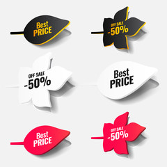Poster - Paper autumn leaves. Tags, icons, labels, stickers of red, white and black with text about discounts and prices are cut from paper with a shadow. Can be used in layout design, mock-up