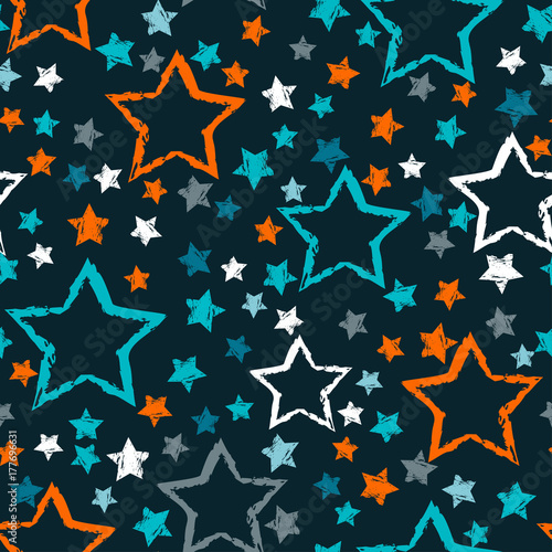 Cotton fabric abstract seamless stars pattern. Grunge urban stars background in black and white colors for girls, boys, childish, fashion and sport clothes. Silhouette stars repeated backdrop.