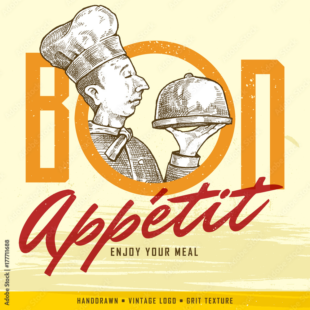 Vintage Hand-drawn Chef Holds A Tray And Bon Appetit (Enjoy Your Meal) Sign. Classic banner or label for restaurants and cafe.