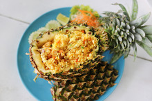 Prepared Pineapple Fried Rice Served Inside Of A Pineapple Carved Like A Bowl. Top View.