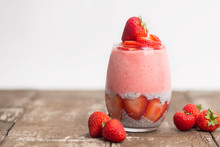 Strawberry Fruit Smoothie Layered With Chia Pudding