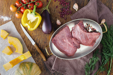 Poster - Ingredients for cooking meat with vegetables, top view