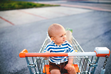 Wall Mural - Baby boy sitting in the shopping trolley outside.