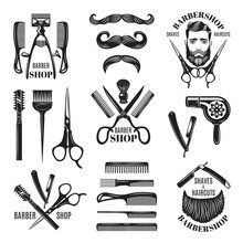 Illustrations Set Of Different Barber Shop Tools. Symbols For Badges And Labels