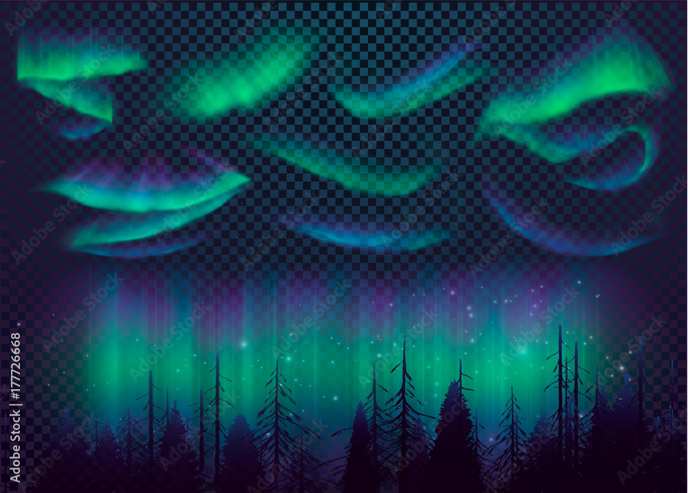 Night Sky, Aurora Borealis, Northern Lights Effect, Realistic Colored polar lights. Vector Illustration, abstract space design for aurora borealis, isolated on transparent background. - obrazy, fototapety, plakaty 