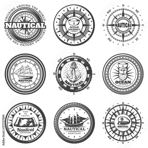Vintage Monochrome Round Nautical Labels Set