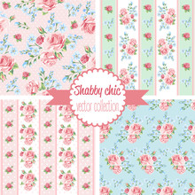 Shabby Chic Rose Patterns. Set Seamless Pattern. Vintage Floral Pattern, Backgrounds.  Vector Illustration