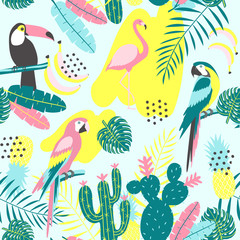 Tropical seamless pattern with toucan, flamingos, parrot, cactuses and exotic leaves.  Vector illustration