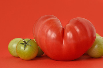Wall Mural - Heart shaped tomato and green tomatoes on red background