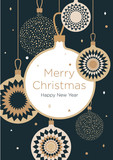 Fototapeta  - Christmas greeting card. Golden Christmas balls on a dark blue background. New Year's design template with a window for text. Vector flat. Vertical format