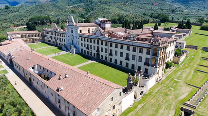 Charterhouse in Tuscany countryside, aerial view