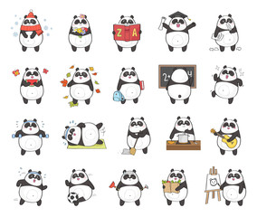 Set of cute panda character with different activity, isolated on white background