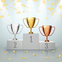 Wall Mural - Winner background. Trophy Cups on prize podium. Vector illustration