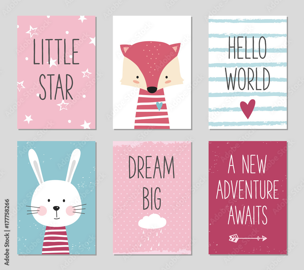 Birthday cards with cartoon fox and bunny for baby girl and kids. Can be used for baby shower, birthday, party invitation.  - obrazy, fototapety, plakaty 