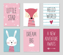 Birthday Cards With Cartoon Fox And Bunny For Baby Girl And Kids. Can Be Used For Baby Shower, Birthday, Party Invitation. 