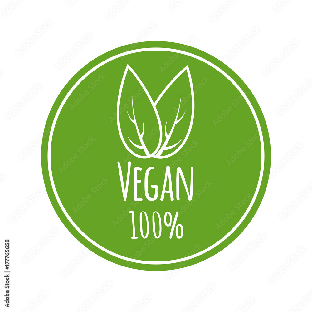 Vegan vector logo. Round eco, green logo. Vegan food sign with leaves. Tag for cafe, restaurants, packagingdesign - obrazy, fototapety, plakaty 