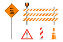 Road Works Signs Set, Flat Vector Illustration. Work Road Ahead, Orange Warning Sign, Striped Warning Posts, Barricade, Traffic Cone, Cartoon Elements Set. Traffic Caution Warning Signs Concept.