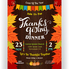 Wall Mural - Thanksgiving dinner poster template with border from autumn leaves of maple.