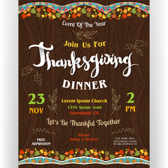 Wall Mural - Thanksgiving dinner poster template with colorful garlands with autumn leaves and doodle details.