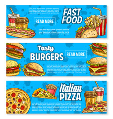 Wall Mural - Vector fast food burger and sandwich sketch banner