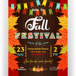 Fall festival poster template with invitation text, colorful autumn leaves of maple and flags.