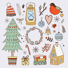 Winter Elements And Christmas Illustrations. Cozy Winter Drawings