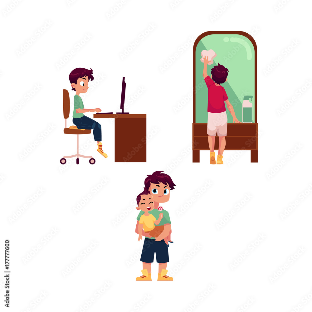vector flat cartoon teen boy kid doing household chores - cleaning big  mirror by rag, doing homework, image size:1000x1000