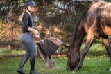 Fototapeta Konie - Young girl preparing horse for ride